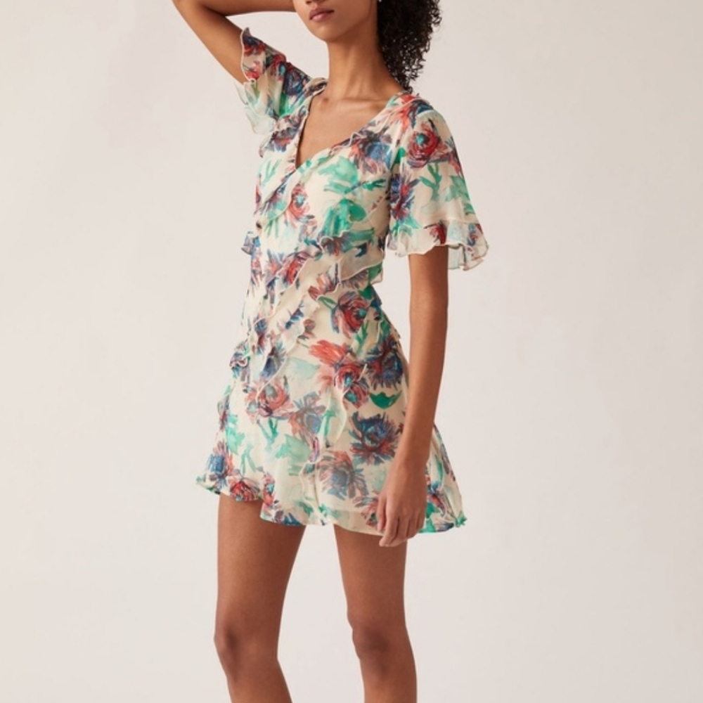 Anthropologie Soft Printed Mini Dress Floral Watercolor Ruffle Strappy Size S